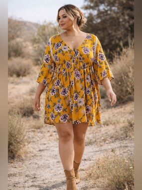 Boho Mustard Floral Babydoll Dress Crochet Trim Festival Rue21 2X